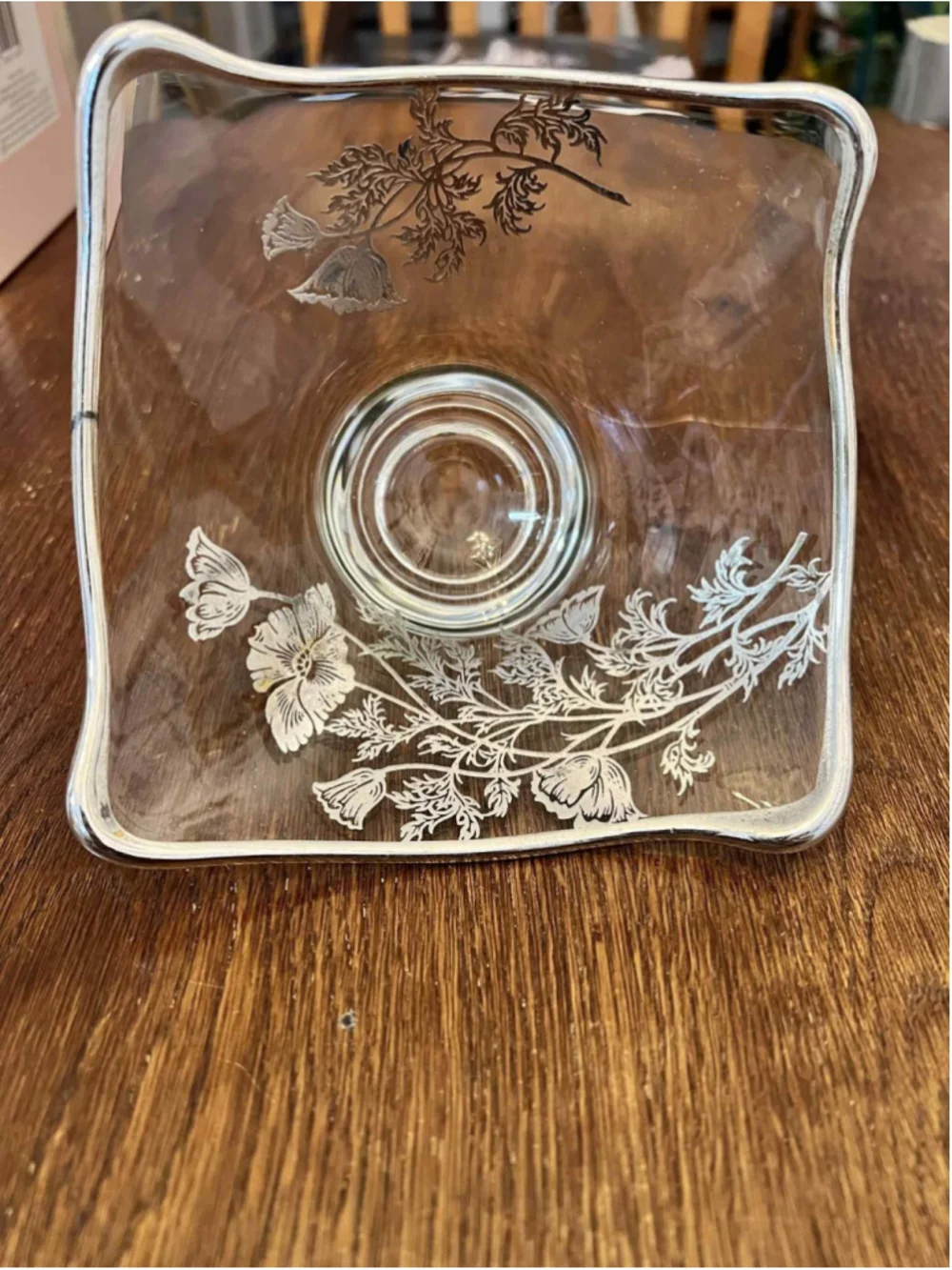 Square Glass Bowl Candy Dish Silver 6in Poppy Pattern Footed Vintage EUC